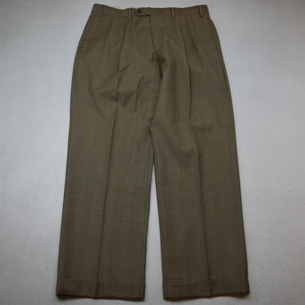 Lauren Ralph Lauren 34x30 Brown Glenn Check 100% Wool Pleated Cuffed Dress Pants